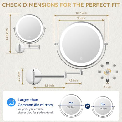 Auxmir 9″ 5000mAh 1X/30X Wall Mounted Lighted Magnifying Makeup Mirror | Power Adapter&2 Tweezers Included/ 3 Dimmable Colors/ Dual Sided Button Control/ Rechargeable/ 360° Rotation Extended Arm - color: 9'' 30x-chrome+adapter