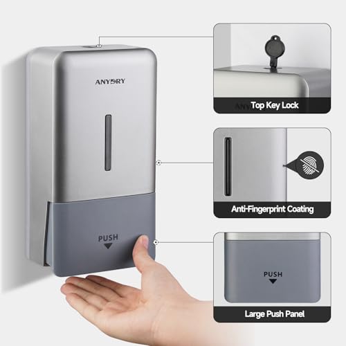anydry Liquid Hand Soap Dispenser Wall Mounted 27oz Large Capacity Silver | Durable ABS Material, Flexible Installation, Ideal for Commercial Bathroom, Easy Refill Wide Opening - color: Refined Silver
