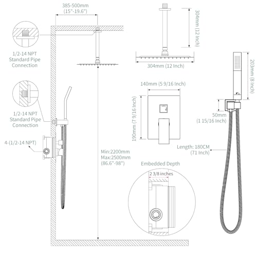 SunCleanse Rainfall Shower System Brushed Nickel Ceiling Mounted Shower System Combo Set with High Pressure 12 Inches Square Rain Shower Head Handheld and Shower Faucet Rough-in Mixer Valve and Trim | Ceiling mounted shower combo set featuring a 12" rainf