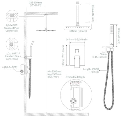 SunCleanse Rainfall Shower System Brushed Nickel Ceiling Mounted Shower System Combo Set with High Pressure 12 Inches Square Rain Shower Head Handheld and Shower Faucet Rough-in Mixer Valve and Trim | Ceiling mounted shower combo set featuring a 12" rainf