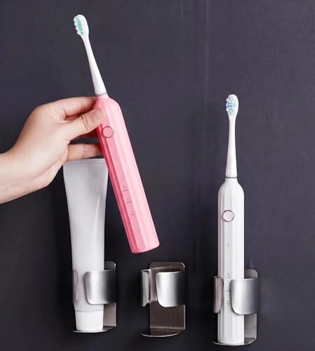 Electric Toothbrush Holder Wall Mount – No Drill 304 Stainless Steel Self Adhesive Bathroom Organizer for Toothbrush/Toothpaste/Facial/Razor – Space Saving Waterproof Rustproof – Silver 2-Pack - color: Silver 2 Pack