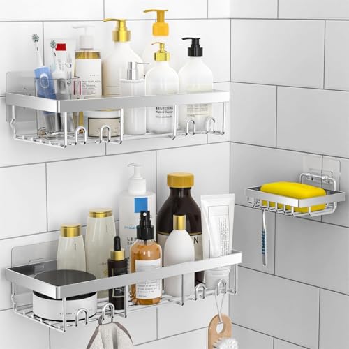 Moforoco 3-Pack Shower Caddy Basket Shelf with Soap Holder, No Drilling Traceless Adhesive Shower Wall Shelves, Rustproof Black Bathroom Shower Storage Organizer - color: Silver