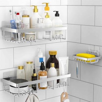 Moforoco 3-Pack Shower Caddy Basket Shelf with Soap Holder, No Drilling Traceless Adhesive Shower Wall Shelves, Rustproof Black Bathroom Shower Storage Organizer - color: Silver