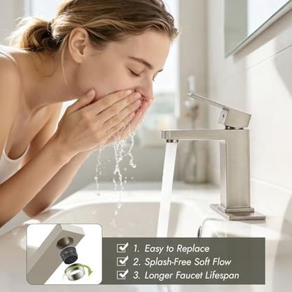 Heyalan Bathroom Sink Faucet, Single Handle Vanity Faucet, Brushed Nickel | SUS304 stainless steel, hot and cold supply hoses, 1- or 3-hole installation, 6-inch deck plate and pop-up drain - color: Brushed Nickel