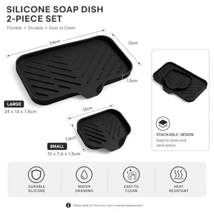 2 PCS Silicone Soap Dish with Drain, Soap Holder Sponge Drain Rack, Self-Draining Sink Organizer Tray for Kitchen & Bathroom - color: Black