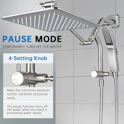 G-Promise 12 Inch All Metal Rain Shower Head with Handheld (Brushed Nickel) | Full Body Coverage, Pause Mode Diverter, Power Wash Mode Handheld, Suits Every Height, Easy to Install, Modern Bath Upgrade - color: Brushed Nickel, size: 12 Inches