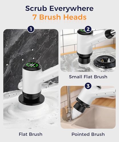 Cordless Electric Spin Scrubber with 7 Brush Heads, White-te1 | Adjustable long handle for shower, tile, grout, sink, tub, floor, and car wheel cleaning - size: 7heads