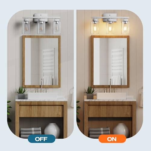 3-Light Bathroom Light Fixtures, Brushed Nickel Modern Vanity Lights, Bathroom Lighting Fixtures Over Mirror, Square Design Farmhouse Wall Sconces with Clear Glass Shades - color: Brushed Nickel, size: 3-Light