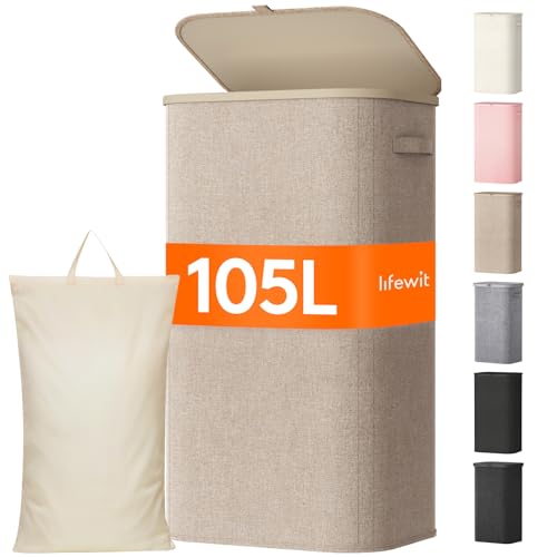 Lifewit 105L Large Laundry Basket with Lid, Laundry Hamper with Plastic Handles and Removable Bag, Foldable Tall Dirty Clothes Hampers for Laundry for Laundry Room, Bedroom, Bathroom, Dorm, Beige - color: Beige, size: 105L