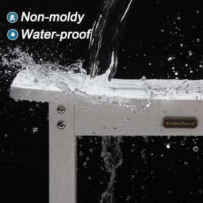 KaimuBench HDPS Curved Shower Bench Waterproof Bath Stool with Storage | Poly Shower Stool for Shaving Legs, Handles & Shower Head Holder, Adjustable Feet for Inside Shower, Non-Slip, Anti-Rotting - color: White