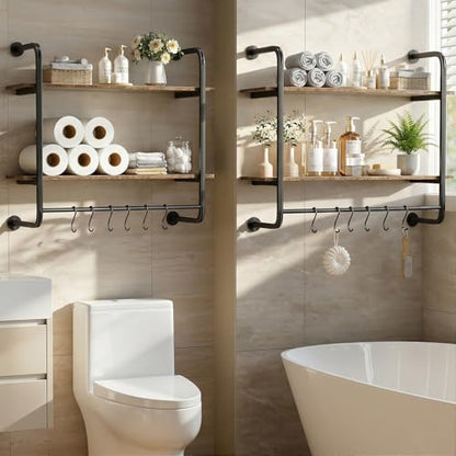 2 Tier Industrial Pipe Floating Shelf, 31.5" Kitchen Wall Shelves | with Towel Bar & 6 Hooks, Coffee Bar Shelves Display Bookshelf Wall Shelf for Kitchen, Bathroom, Home Décor, Rustic Brown - size: 31.5 Inch（2 Tier）