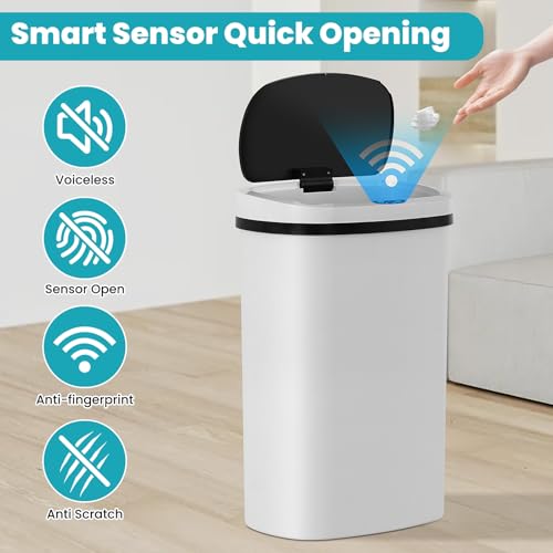 13 Gallon Automatic Kitchen Trash Can with Lid, Touchless Motion Sensor Garbage Can - Hygienic, Odor Control, Waterproof Waste Bin for Kitchen Bathroom Bedroom Office (50L), PP Plastic, White - color: White
