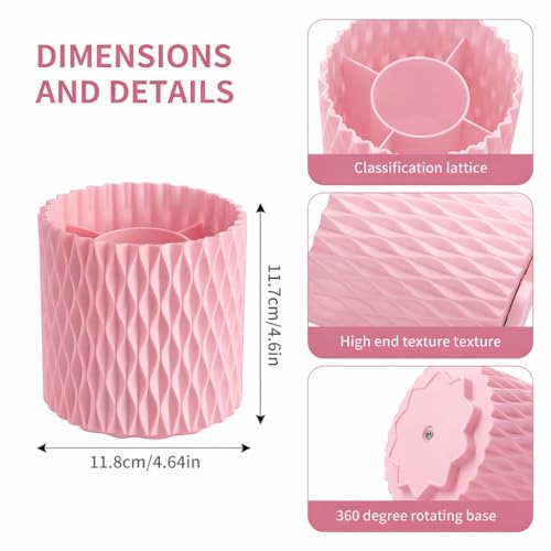 Pink Makeup Brush Holder, 360° Rotating Makeup Organizer | Cute 5-slot spinning vanity caddy for makeup brushes, lipstick & hair accessories — bathroom, dorm & office desk - style: Pink