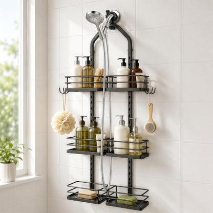 3-Tier Hanging Shower Caddy, Stainless Steel with Dual Clamp, Matte Black | Heavy-duty stainless steel, adjustable shelves for large families, Rustproof, tool-free install, Fits handheld showerheads - color: 3 Tier-Black