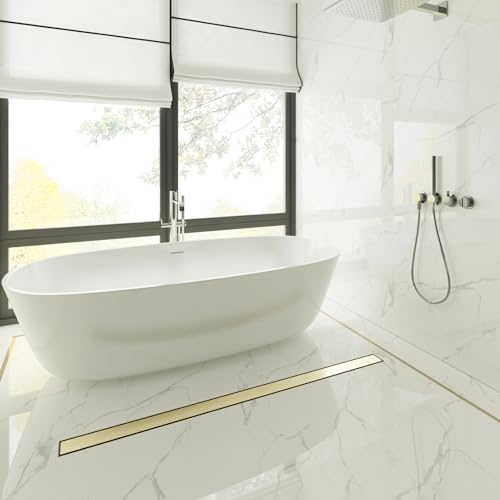 48 Inch Linear Shower Drain-Brushed Gold, with Tile Insert Grate | AISI 304 Stainless Steel Shower Drain, Rectangle Shower Floor Drain with Leveling Feet, Fits Bathroom & Balcony etc - color: Brushed Gold, size: 48 Inch