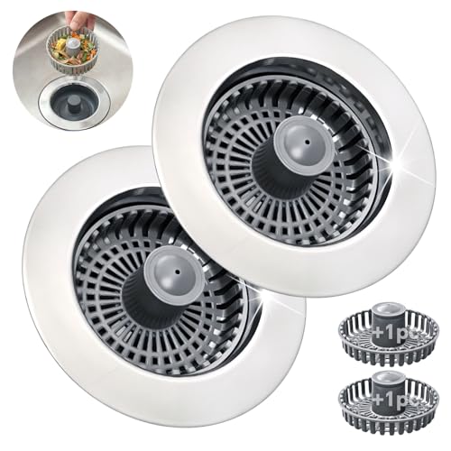 Kitchen Sink Stopper, 3 in 1 Pop Up Kitchen Sink Drain Strainer, with an Extra Basket Strainer, Sink Drain Stopper for US Standard 3-1/2 Inch, Brass Material Electroplate (Silver 2pcs) - color: Silver 2pcs