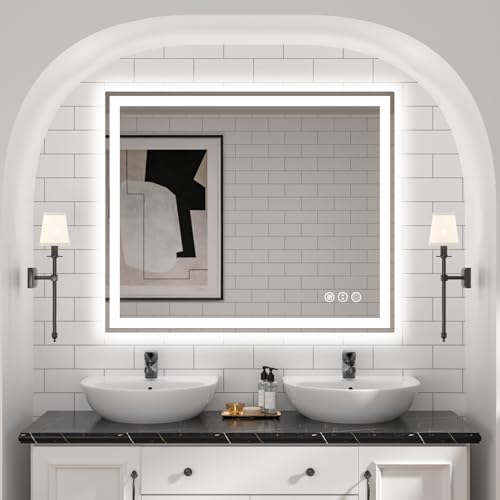 LED Bathroom Mirror, 48"X40" with Front and Backlit, Anti-Fog, Bathroom Vanity Mirror with Memory Function, Stepless Dimmable Lighted Bathroom Mirror, Tempered Glass (Horizontal/Vertical) | Front & Backlit, Memory Function, HD Tempered Glass Vanity Mirror