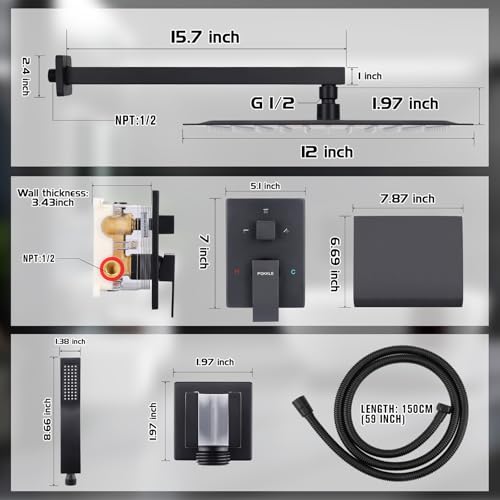 12 Inch Rainfall Shower System with Tub Spout Wall Mounted Complete Combo with Solid Brass Pressure Balancing Valve, High Pressure Shower Head, Handle Set & Installation Accessories Matte Black - color: Black