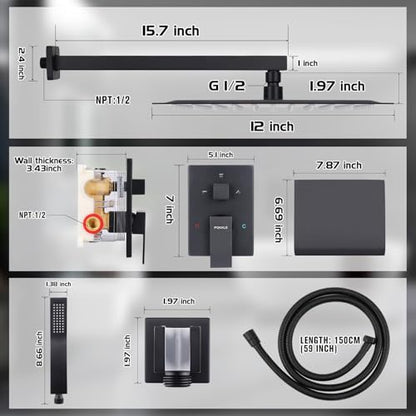 12 Inch Rainfall Shower System with Tub Spout Wall Mounted Complete Combo with Solid Brass Pressure Balancing Valve, High Pressure Shower Head, Handle Set & Installation Accessories Matte Black - color: Black
