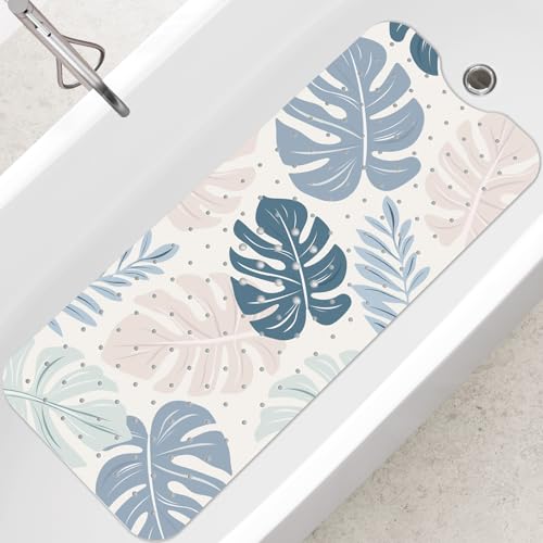 SHUCHING Blue Bath Mat for Tub Non Slip-40x16 Inch, Boho Leaves | Bathtub Mat for Women & Elderly Mold Free, Long Shower Mat for Inside Shower with Suction Cup, Machine Washable - color: Leaf
