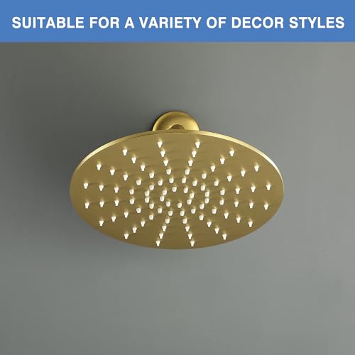 Solid Metal Rain Shower Head, Round High Flow Rainfall Shower Head with Shower Arm and Flange, Reinforced Explosion-Proof Stainless Steel Construction (10-Inch, Brushed Gold) - color: Brushed Gold, size: 10 Inch