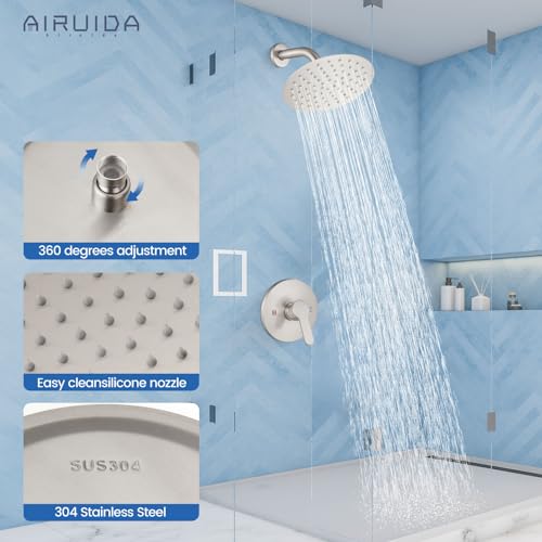 Airuida Shower Faucet Set,8 Inch Brushed Nickel Shower Trim Kit | Round Rainfall Shower Head,Single Handle,Male Threads Rough-in Valve,Wall Mount Bathroom System - color: Nickel, size: 8 Inch