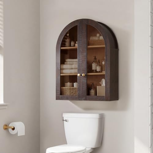 Bathroom Arched Wall Cabinet,23.5'' Wide Medicine Cabinet, Bathroom Cabinet Wall Mount W/Glass Doors & Adjustable Shelves, Over The Toilet Storage Cabinet for Laundry Room, Bedroom,Kitchen, Brown - color: Brown