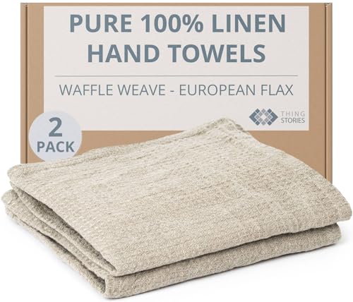 100% European Linen Hand Towels for Kitchen & Bath - Set of 2 - Waffle Weave, Highly Absorbent & Quick-Dry - 14 x 28 in - Stone Washed Flax - color: Natural Linen, size: Hand Towels