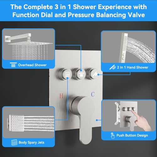 STARBATH Shower Systems with 4 Body Spray Jets, 12" Rainfall Shower Head with Handheld Combo, Can Use All at Once, Push Button Shower Jets System in Wall Shower Faucet Sets Complete,Brushed Nickel - color: Brushed Nickel, size: 12"-04
