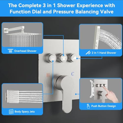 STARBATH Shower Systems with 4 Body Spray Jets, 12" Rainfall Shower Head with Handheld Combo, Can Use All at Once, Push Button Shower Jets System in Wall Shower Faucet Sets Complete,Brushed Nickel - color: Brushed Nickel, size: 12"-04