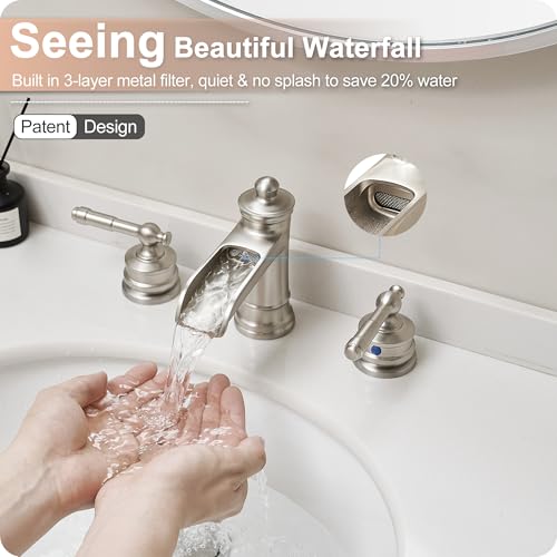 Waterfall Bathroom Faucet Matte Brushed Nickel, Brass 3 Hole Faucet Bathroom Sink Faucet Widespread 4-16 Inch Faucet for Bathroom Sink, 2 Handle Bathroom Faucets with Pop-up Drain & Water Hoses - color: Matte Brushed Nickel - Classic