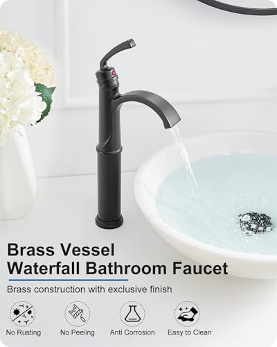 Waterfall Vessel Faucet, Tall Bathroom Faucet Black, Brass Vessel Sink Faucets Bathroom Sink Faucet One Hole Single Handle with Supply Hoses Pop-up Drain - color: Matte Black