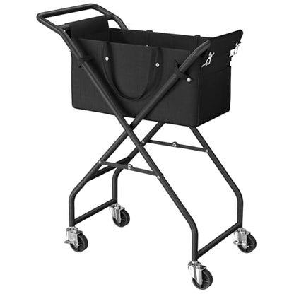 No-Bend Laundry Cart- Rolling Hamper with Locking Wheels & Handle, Foldable Basket Screw-Free Assembly, Durable Metal Frame & Removable Liner Bag for Bedroom & Bathroom (Black) - color: Black