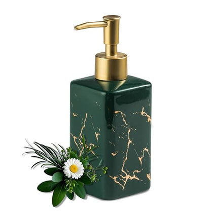Gold Soap Dispenser for Bathroom Countertop, Square Green Dish Soap Dispenser Pump Bottle with Golden Stripes for Kitchen Sink Laundry Shower Lotion, Ceramic Hand Pump for Soap Liquid - color: Green