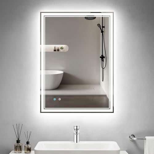 24"x 32" LED Bathroom Mirror with Anti-Fog, Dimmable Backlit + Front Lit, 3-Color LED Bathroom Vanity Mirror for Wall, Memory Function, Shatter-Proof Glass, ETL Listed(NHYJ6822D-NA) - size: 32"L x 24"W