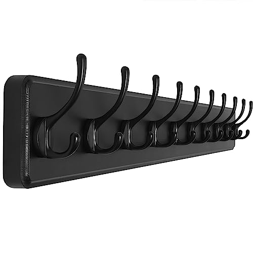 SKOLOO Large Black Wall Mounted Coat Rack - 38.6'' Long Coat Rack for Wall, Pine Solid Wood Coat Hook Hanger - 10 Hooks for Hanging Clothes Backpack Coats - color: Black Plate & Black Hook, size: 1 Item-10 Hooks