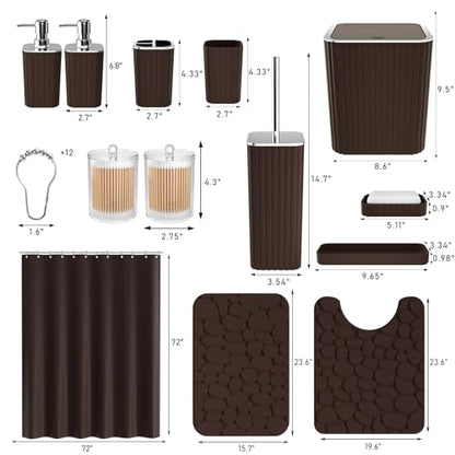 XLHOMO Bathroom Accessories Set - 25PC Brown Bathroom Sets with Shower Curtain and Rugs, Bathroom Accessory Set, Brown Shower Curtain Set, Trash Can, Qtip Holder Dispenser & Soap Dispenser - size: Bath Set+Shower Curtain+Rugs, style: Brown&Silver