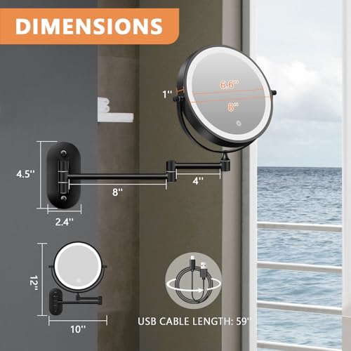 Auxmir 1X/30X Wall Mounted Makeup Mirror, 8" Rechargeable Magnifying Mirror | double-sided button, 3200mAh, 3 dimmable colors, 360° rotation, extended arm, 30X magnification, bathroom, black - color: 8'' 30x-black