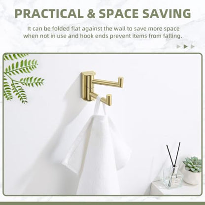 Suyar Brushed Gold Swivel Double Towel Hook, Bathroom Coat Robe Holder | SUS304 Stainless Steel Dual Hand Towel Hook, Space-Saving Solution, Wall Mounted - color: Brushed Gold, size: 1 Pack