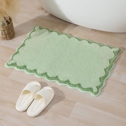 ORTIGIA Small Green Scalloped Bath Mat, Cute Plush Microfiber Scallop Bathroom Rugs Non Slip Washable Quick Dry Absorbent, Bathmat Carpet for Shower Stall Vanities Kitchen Floor Entrance, 17x24 - color: Light Green, size: 1'5" X 2'(rectangular)