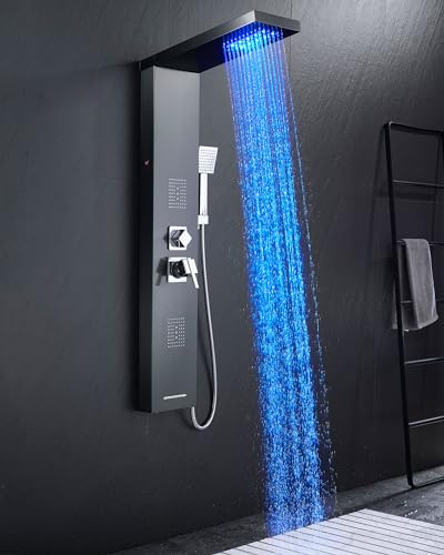 5-in-1 LED Shower Panel Tower System Stainless Steel Black | LED waterfall + rainfall | 2-in-1 body jets | Handheld shower | Bathtub filler | Wall mount - color: Black