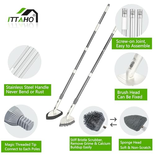 Tile Tub Scrubber Brush with 4 Cleaning Heads,59" Long Handle Stiff Bristles Scrub Brush with Extendable Pole, Rotatable Detachable Scrub Brush for Shower,Tile, Tub,Bathroom,Walls,Sink