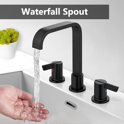 Matte Black Bathroom Faucet 3 Hole 8 Inch Widespread Waterfall | 2-Handle Vanity Faucet, Pop-Up Drain, Supply Lines, Adjustable 4- to 16-Inch Widespread Fit, 360° Swivel Spout - color: Matte Black