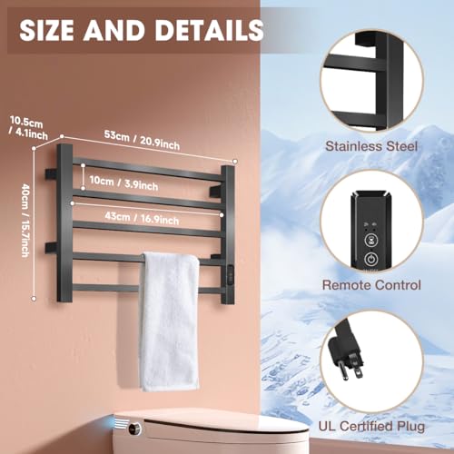 Heated Towel Rack Wall Mounted 5 Bar, Towel Warmer for Bathroom, Black | Built-in 2H/4H Timer, Easy 5-Min Install, IPX4 Waterproof Stainless Steel, Plug-in, Fast Heating for Bathroom Spa Gym
