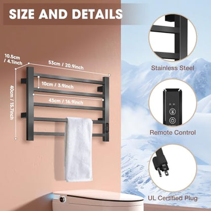 Heated Towel Rack Wall Mounted 5 Bar, Towel Warmer for Bathroom, Black | Built-in 2H/4H Timer, Easy 5-Min Install, IPX4 Waterproof Stainless Steel, Plug-in, Fast Heating for Bathroom Spa Gym