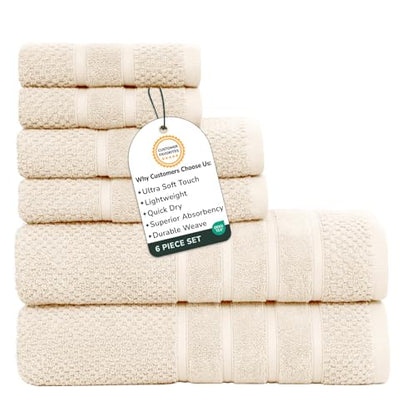 Feather & Stitch 100% Cotton 625 GSM Bath Towel Set of 6, Ultra Soft Highly Absorbent 2 Bath Towels, 2 Hand Towels & 2 Washcloth - Luxury Quick Dry Shower Towels (Ivory) - color: Ivory