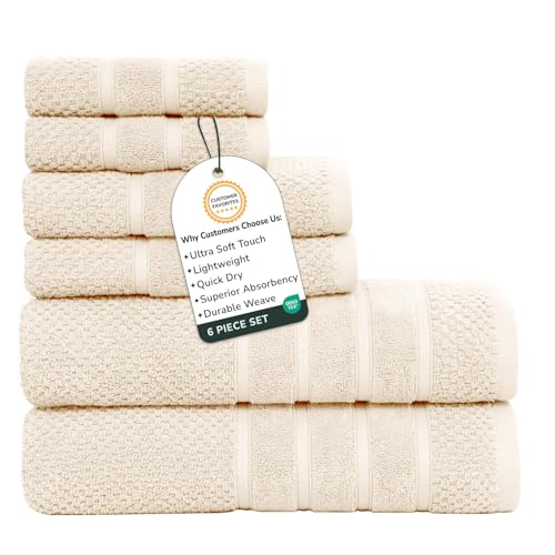 Feather & Stitch 100% Cotton 625 GSM Bath Towel Set of 6, Ultra Soft Highly Absorbent 2 Bath Towels, 2 Hand Towels & 2 Washcloth - Luxury Quick Dry Shower Towels (Ivory) - color: Ivory