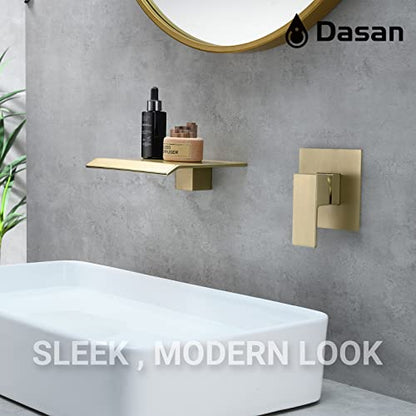DASAN Wall Mount Waterfall Bathroom Faucet Brushed Gold in Wall Sink Faucet, Single Handle Wall Mounted Modern Faucet for Bathroom with Upgraded Rough in Valve, DA-TFD3BG-NH - color: Brushed Gold