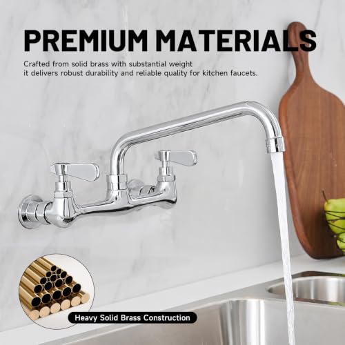 Wall Mount Kitchen Faucet 14" Gooseneck Swivel Spout, Chrome | Lead-Free Brass Body, Dual Handle Hot & Cold,8" Center,Commercial Sink Faucet for Laundry Restaurant Utility Sinks - size: 14 Inch