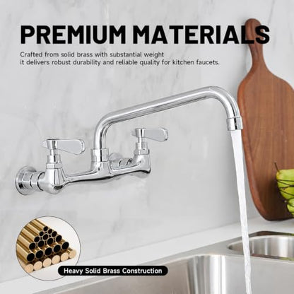 Wall Mount Kitchen Faucet 14" Gooseneck Swivel Spout, Chrome | Lead-Free Brass Body, Dual Handle Hot & Cold,8" Center,Commercial Sink Faucet for Laundry Restaurant Utility Sinks - size: 14 Inch
